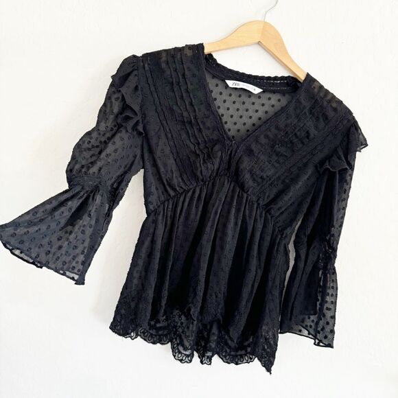 Zara Swiss Dot Ruffled Blouse Black Size XS - Picture 2 of 7